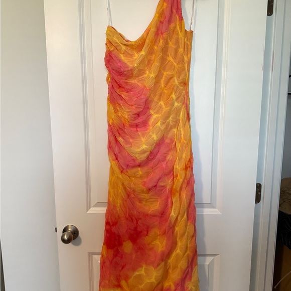 Lulu's Yellow and Pink Ruched Asymmetrical Cocktail Dress - Picture 3 of 4